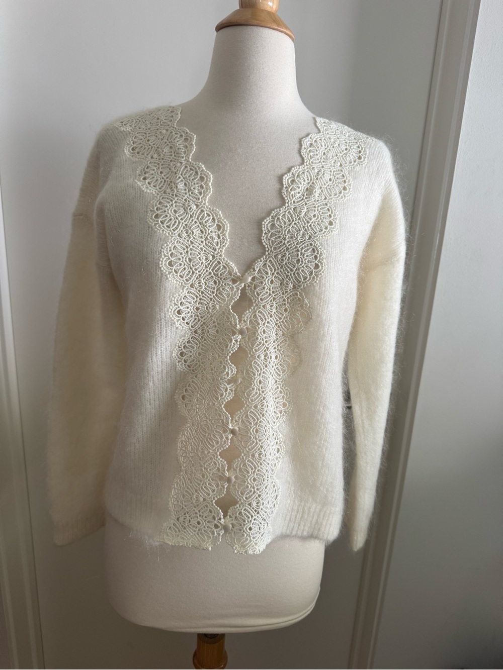 Sezane Cream Lace-Trim V-Neck Cardigan